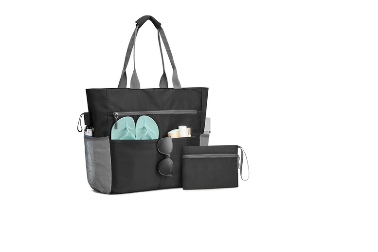 Black Foldable Waterproof Sandproof Beach Tote with Multiple Compartments | Wowcher