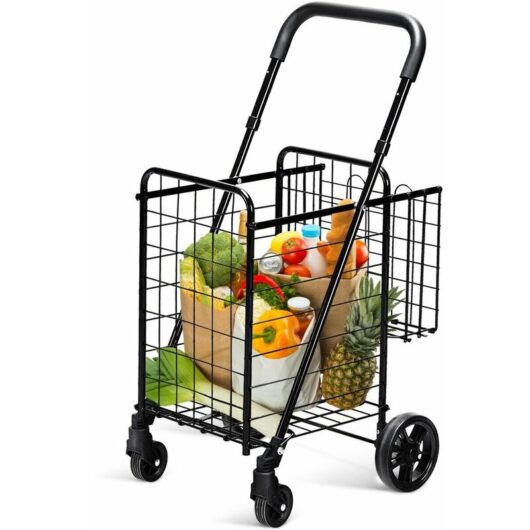 Costway - Folding Shopping Cart Portable Utility Cart Double Basket Grocery Utility Cart