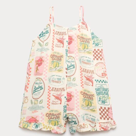 M&S Pure Cotton Ruffle Hem Print Playsuit (6-16 Yrs) Ecru Mix