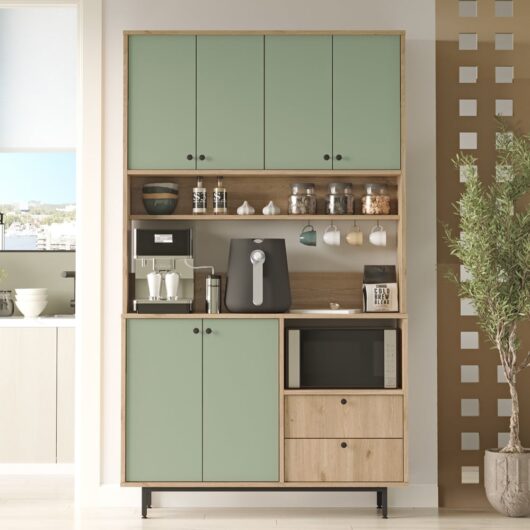 Velano Wide Wooden Coffee Station Cabinet with 6 Green Doors in Oak