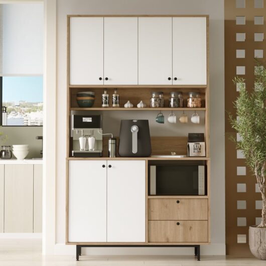 Velano Wide Wooden Coffee Station Cabinet with 6 White Doors in Oak