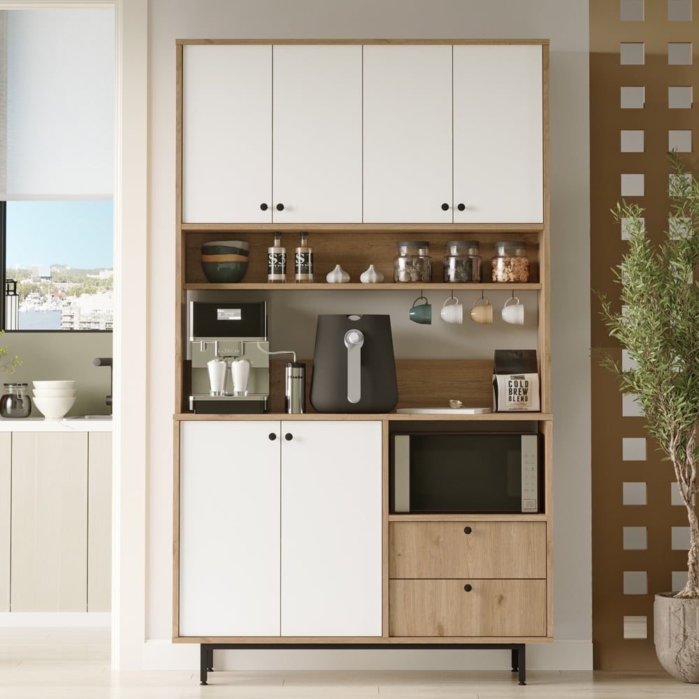 Velano Wide Wooden Coffee Station Cabinet with 6 White Doors in Oak