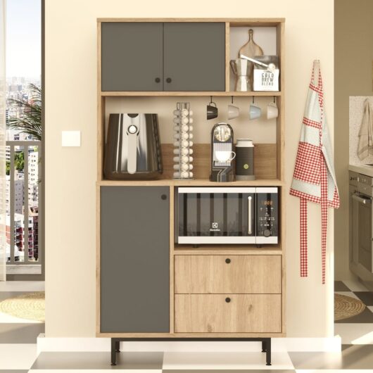 Velano Wooden Coffee Station Cabinet with 3 Anthracite Doors 2 Drawers in Oak