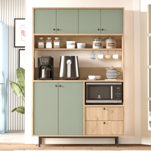 Velano Wooden Coffee Station Cabinet with 6 Green Doors in Oak
