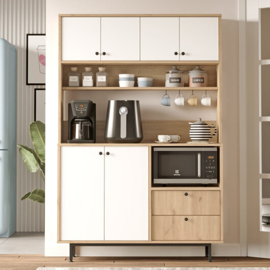 Velano Wooden Coffee Station Cabinet with 6 White Doors in Oak